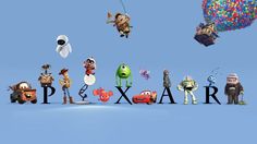 the pixar movie poster is shown with many characters and balloons in the air