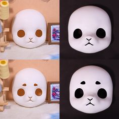 three pictures of panda masks with different facial expressions on them, one is white and the other has black eyes