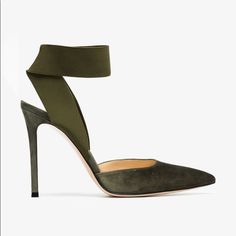 Gianvito Rossi Olive Green Suede Pumps Green Elastic Band Never Worn But No Box Size 36 4 Inch Heel Green Pointed Toe Heels With Heel Loop, Green Open Heel Padded Heels, Luxury Fitted Green Heels, Olive Green Heels, Luxury Green Suede Heels, Olive Heels, Olive Green Shoes, Guest Hairstyles, Gianvito Rossi Heels