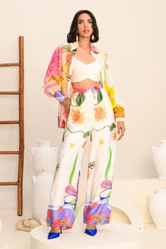 Multi-color shirt featuring floral print all over with cuff sleeves. Paired with a co-ordinating pant and a bralette. - Aza Fashions Flowing Pants, Satin Bralette, Pant For Women, Vacuum Storage, Printed Jacket, Floral Print Pants, Indian Wedding Wear, Shirt Pant Set, Floral Print Shirt