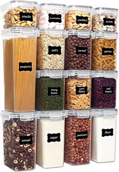 a stacking container filled with lots of different types of beans and cereals next to each other