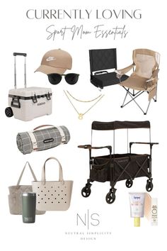 a collage of different items including a chair, umbrella and other things to wear