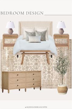 the bedroom design is shown with two lamps on either side of the bed and dresser