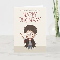 a birthday card with an image of harry potter holding a wand