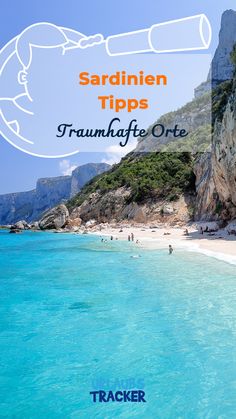 the beach with blue water and people on it is featured in this postcard that says sardinen tips traunhaff orte