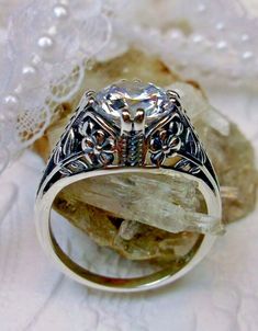 White CZ Ring, Art Deco Floral Sterling Silver Filigree (Custom-Made)* D158 | eBay Luxury Filigree Ring With Diamond Accents, Antique Jewelry Rare Silver, Art Deco Floral, Rings Jewelry Fashion, Ring Art Deco, Deco Floral, Sterling Silver Filigree, Filigree Ring, Floral White