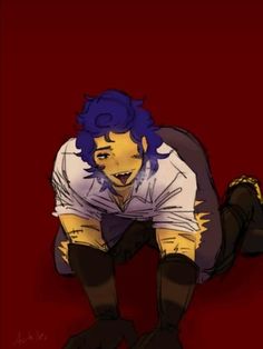 a drawing of a man with blue hair and white shirt sitting on the ground in front of a red background