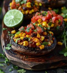 a wooden platter filled with corn and salsa on top of a table next to lime wedges