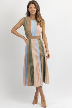 Striped Ribbed Midi-length Dress, Chic Striped Ribbed Midi Dress, Chic Ribbed Striped Midi Dress, Chic Striped Knit Dresses, Spring Striped Ribbed Dresses, Spring Knit Midi Dress, Multicolor Ribbed Dresses For Spring, Spring Multicolor Ribbed Dresses, Spring Ribbed Multicolor Dress