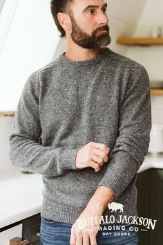 Men's long sleeve, crewneck, wool sweater. Soft, comfortable, durable. Our favorite fashion is the rugged gentleman sort, so we outfit it with jeans and boots. But it’s your sweater, so style it however you want. Great gifts for guys | dads | men who have everything. Rugged Gentleman, Cold Weather Attire, Wool Sweater Men, Mens Outerwear, Comforters Cozy