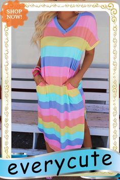 Multicolor Striped Side Split Pockets V Neck T Shirt Midi Dress Casual Multicolor Short Sleeve Dress, Casual Striped Color Block Dress, Rainbow Short Sleeve Dress For Spring, Casual Colorful V-neck Dresses, Casual Short Sleeve Color Block Dress, Casual V-neck Color Block Dress, Casual Rainbow Dresses For Vacation, T Shirt Dresses, T Shirt Midi Dress