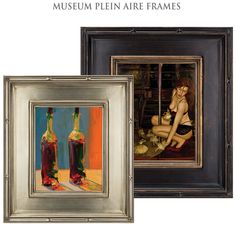 two framed paintings of women with wine bottles in the foreground, and an empty bottle on the right