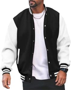 A Premium Letterman Baseball School College Bomber Varsity Jacket in White & Black with Genuine Leather Sleeves is a stylish and iconic piece of outerwear. Here's a detailed description of what you might expect from such a jacket: Body Color: Rich purple, symbolizing school spirit, athletic pride, or team colors. Sleeves: Crafted from genuine leather, usually gold, offering both durability and a sleek, luxurious look. Design: Classic varsity style with a ribbed collar, cuffs, and hemline, typica Varsity Style Long Sleeve Outerwear With Contrast Color, Black Varsity Jacket With Stand Collar And Pockets, Sporty Black Outerwear With Button Closure, Fall Varsity Jacket With Stand Collar For Streetwear, Fall Streetwear Varsity Jacket With Stand Collar, Black Track Jacket For College, Spring Season, Black Track Jacket For College In Spring, White Varsity Jacket With Contrast Color, Black Varsity Jacket For College With Button Closure