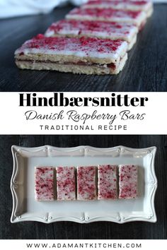 some kind of dessert that is on top of a table with the words hindbarsnitter danish raspberry bars traditional recipe