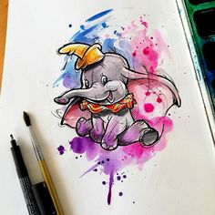 an elephant with a hat on it's head is sitting in front of some watercolor