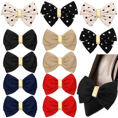 PRICES MAY VARY. Revamp Your Footwear with Classic Style: elevate your shoes with our 12 pcs decorative shoe clips, which are about 3.74 x 2.75 inches/ 9.5 x 7 cm in 6 different styles; Crafted with metal button in a classic color, these bow shoe clips add a touch of sophistication and elegance to footwear; They're an instant way to change your look and revive old shoes; 12 Pcs can be applied for one pair of shoes and the size is suitable for most shoes Pretty Ornament: our shoe decorations clip Clip On Bow For Shoes, Shoe Decorations, Shoe Buckle, Shoes Elegant, Shoe Decoration, Old Shoes, Decorative Bows, Bow Shoes, Satin Color