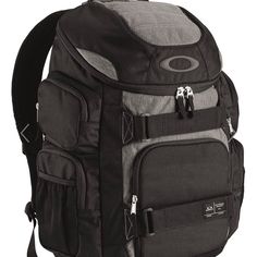 a black and grey backpack with two zippers on the front