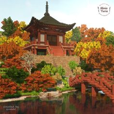 an artistic painting of a japanese garden with bridge and trees in fall colors by the water