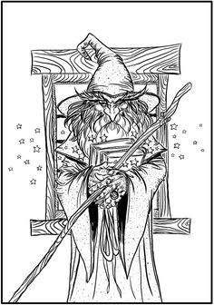 a wizard sitting in a chair with two brooms on his head and holding a staff