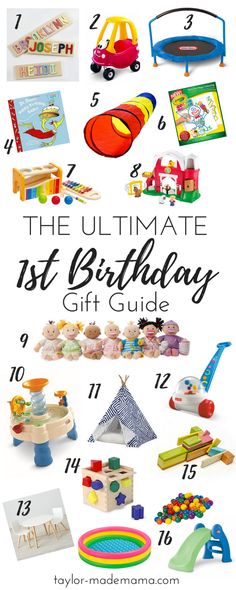 the ultimate 1st birthday gift guide for kids with toys and gifts on display in front of it