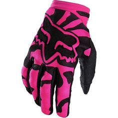 a pink and black motorcycle glove with the fox logo on it's left hand