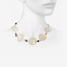 Details Gabriella Kiss 18k yellow gold & mother-of-pearl phases of the moon necklace with blue goldstone, herkimer diamonds, Ethiopian opal, labradorite, amethyst, pyrite, moonstone & 22k beads. The mother-of-pearl full moon measures approximately 1 3/8″ in diameter. The total length of the necklace is 17 1/2″ & it is finished with an 18k clasp. - custom-cut mother-of-pearl - 18k yellow gold - total length 17 1/2" Gabriella Kiss, Phases Of The Moon, Blue Goldstone, Herkimer Diamond, Moon Necklace, Moon Phases, Ethiopian Opal, Full Moon, Mother Of Pearl