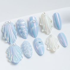 Handmade Press on Nail Medium Long Almond Oval Pink Blue - Etsy Vietnam 3d Design Art, Nail Medium, Seashell Nails, Sea Nails, Long Almond, Light Blue Nails, Mermaid Nails, Pretty Gel Nails, Really Cute Nails