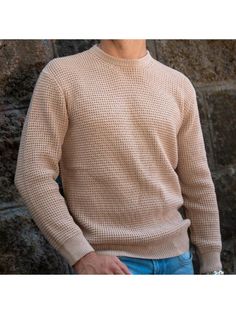 Men Sweaters, Mens Crewneck Thick Pullover Sweater Waffle Textured Long Sleeve Knitted Sweaters Beige Waffle Knit Long Sleeve Sweater, Classic Waffle Knit Sweater For Fall, Beige Waffle Knit Sweater For Winter, Waffle Knit Crew Neck Winter Sweater, Winter Waffle Knit Crew Neck Sweater, Mens Crewneck, Long Sleeve Knit Sweaters, Retro Color, Mens Casual Outfits