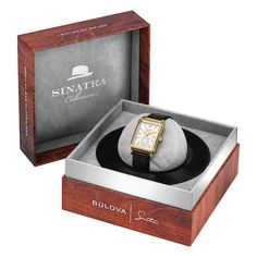 Incorporating vintage Bulova designs with the unmistakable elements of legendary performer, Frank Sinatra, the ‘My Way’ watch features a gold-tone stainless steel rectangular case with a silver white dial, gold-tone hands and markers. Frank Sinatra’s signature is displayed under the Bulova logo and his iconic Fedora hat is etched on the gold-tone crown, as well as on the caseback along with the name, ‘My Way’. A distinct second hand sub sweep adds an elegant touch. The black leather strap featur Automatic Watch With Rectangular Dial For Gift, Luxury Polished Pocket Watch For Collectors, Luxury Classic Pocket Watch With Automatic Movement, Anniversary Brown Automatic Watches, Bulova Frank Sinatra, Frank Sinatra My Way, Jared The Galleria Of Jewelry, S Signature, Second Hand