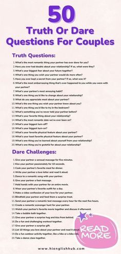 the 50 truth or dare questions for couples, with text in purple and black on white