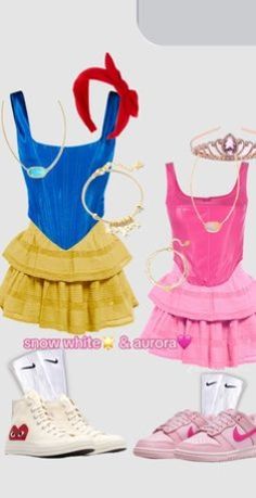 three dresses and shoes are shown in four different colors, one is pink, the other is blue