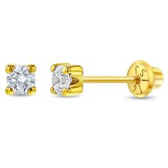 These beautiful clear prong set cubic zirconia earrings were crafted in 14k yellow gold perfect for babies and little girls with sensitive ears. High polished for long lasting shininess and durable quality, these classic and timeless earrings for girls come with screw backs which is a safety back that screws on and locks thus preventing for any poking in the back of the earlobe and lessening chances of lost earrings. Gift box included. Timeless Earrings, Earrings For Girls, Thread Earrings, Kids Earrings, Earring Post, Cubic Zirconia Earrings, Zirconia Earrings, Gold Earring, Yellow Gold Earring