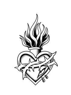 a heart with flames in the middle and an arrow tattoo design on it's side