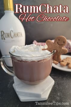 a close up of a cup of hot chocolate with whipped cream and a gingerbread