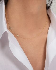 Mini Diamond Asymmetrical Initial Necklace | ZOE LEV Modern 14k Gold Initial Necklace, Modern Initial Pendant Necklace With Delicate Chain, Initials Necklace, Diamond Initial Necklace, White Gold Necklaces, Stacked Jewelry, Tennis Bracelet Diamond, Necklace Sizes, Diamond Clarity