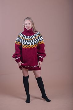 "Christmas Chunky wool sweater in nordic style made by Molimarks DETAILS - Made from 100% natural soft wool - The model is 170 cm tall (regular S) - The sweater on picture is size 4 XL - As mostly all models in our shop the sweater is loose fit - Color on photo - bordo ,yellow , black ,white Details Sweater in the pictures : 1-Sweater Length76cm,29,9inch 2-Sweater Chest55cm,21,7inch 3-Sweater Sleeves54cm,21,3inch 4- Turtleneck Length30cm,11,8inch FIT - The sweater is of loose fit designed to hav Red Merino Wool Sweater For Winter, Scandinavian Jacquard Knit Sweater For Fall, Scandinavian Style Jacquard Knit Sweater For Fall, Winter Fair Isle Pattern Sweater, Nordic Wool Sweater For Fall, Wool Sweater With Fair Isle Pattern For Fall, Red Nordic Knitted Sweater, Red Nordic Style Knitted Sweater, Nordic Style Long Sleeve Sweater For Fall