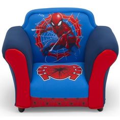 the spiderman chair is blue with red trimmings and has a spider web on it