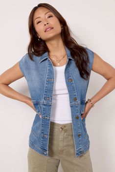 Layer your look with the Luka denim vest by EVEREVE. This longline silhouette is crafted in medium-wash denim with a front button closure, collared neckline, and oversized pockets. Pair with a fitted midi dress or a tank and cargo pants. Oversized Pockets, Fitted Midi Dress, Brand Style Guide, Fashion 101, Fall Shopping, Tee Dress, Work Fashion, Denim Vest, Fall Trends