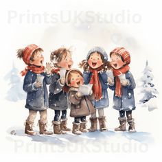 a group of children singing in the snow with their mouths open and wearing winter clothes