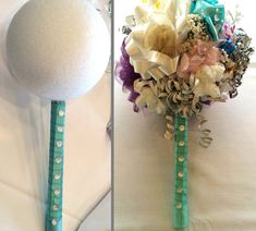 two pictures of the same bouquet and one with pearls on it, both in different colors