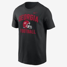 The Georgia Bulldogs Campus Football Helmet T-Shirt features a bold team design and soft cotton fabric to help get you ready for game day. Black Varsity T-shirt For Fan Gear, Collegiate Black T-shirt For Football Season, Nike College Fan Apparel T-shirt, Nike T-shirt With Letter Print For Game Day, Nike Letter Print T-shirt For Game Day, Collegiate Nike T-shirt With Team Name, Nike Collegiate T-shirt With Team Name, Nike Collegiate T-shirt For Sports Season, Nike Collegiate T-shirt For Sports