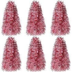 six red tinsel christmas trees on a white background