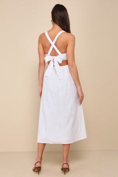 With sandals, shades, and a scoop of gelato, summer is always sweeter in the Lulus Strolling Sicily White Pleated Backless Midi Dress With Pockets! Lightweight woven poplin shapes this vacay-ready dress that has elasticized straps that crisscross the open back and secure with a tie, supporting a seamed bodice with a sweetheart neckline. Fitted waist tops a full, pleated skirt (with side seam pockets) that finishes at a midi hem. Elastic at back for fit. Fit: This garment fits true to size. Lengt White Pleated Dress, Midi Dress With Pockets, Backless Midi Dress, Dress Backless, Wedding Top, Midi Dress Sleeveless, Spring Shoes, Tie Dress, Dress With Pockets