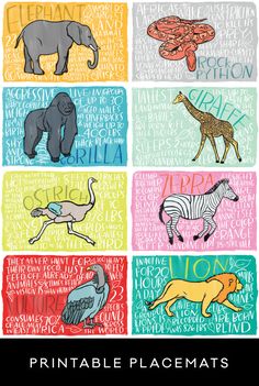 an animal poster with the words printable placemats in different colors and sizes