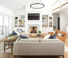 a living room filled with furniture and a flat screen tv mounted on the wall above a fire place