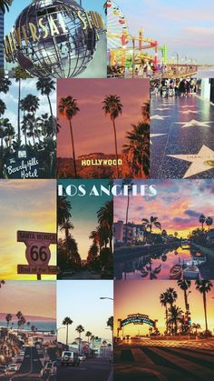 the collage shows many different images of palm trees, buildings, and street signs