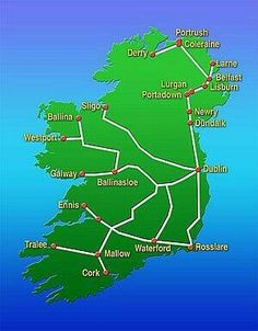 a map of ireland with all the roads and major cities on it's side