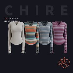 five sweaters are shown in different colors and sizes, all with long sleeves on them