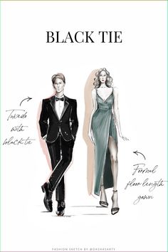 a drawing of a man and woman in formal wear with the words black tie on it