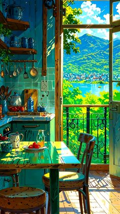 a painting of a kitchen with green walls and wooden flooring, overlooking the mountains